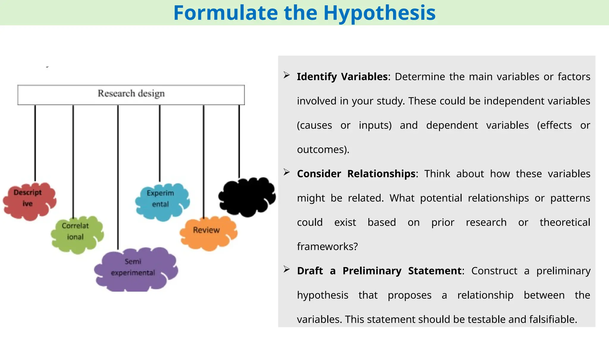 Formulate the Hypothesis
 Identify Variables: Determine the main variables or factors
involved in your study. These could be independent variables
(causes or inputs) and dependent variables (effects or
outcomes).
 Consider Relationships: Think about how these variables
might be related. What potential relationships or patterns
could exist based on prior research or theoretical
frameworks?
 Draft a Preliminary Statement: Construct a preliminary
hypothesis that proposes a relationship between the
variables. This statement should be testable and falsifiable.
 