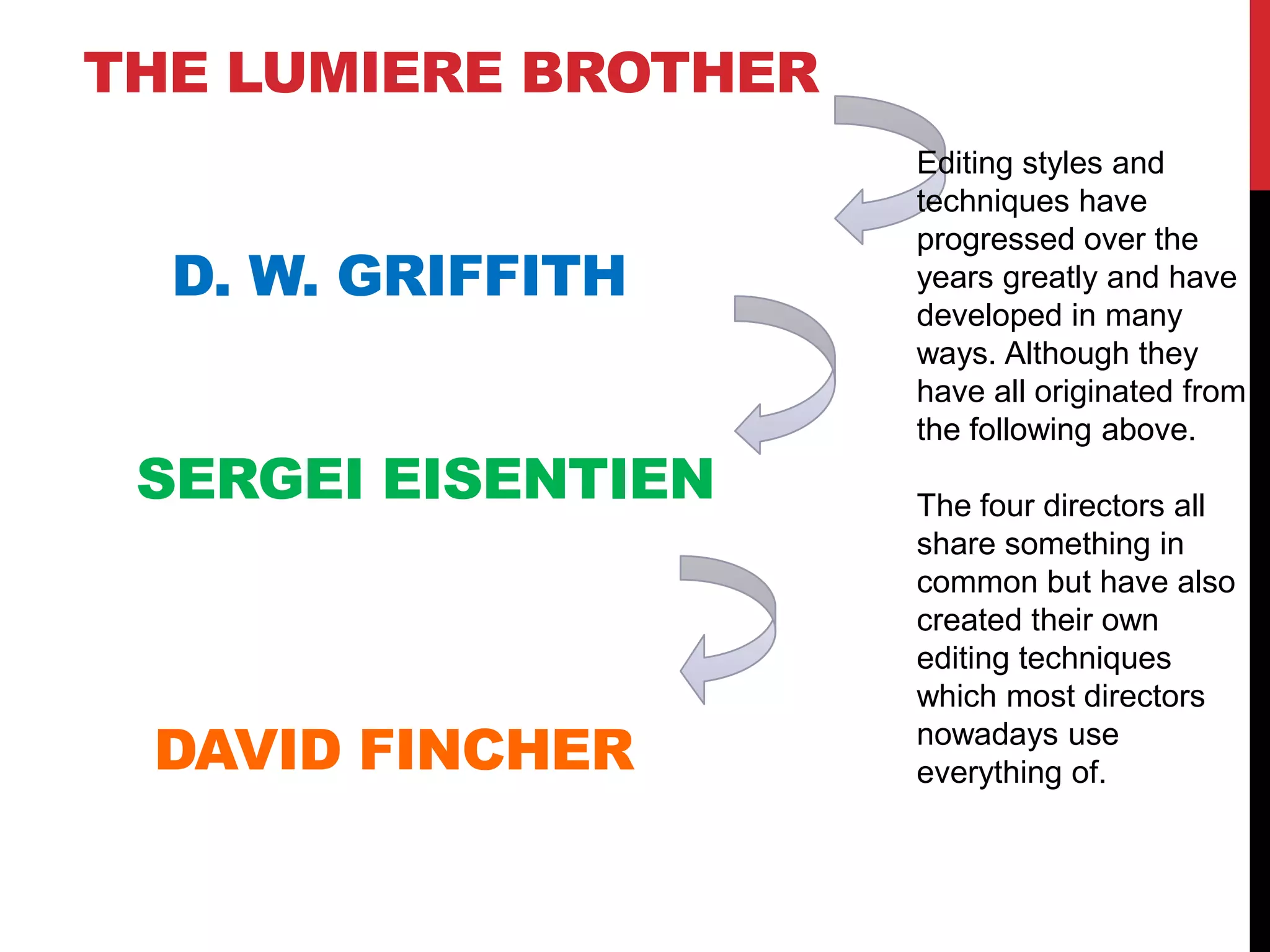 THE LUMIERE BROTHER
D. W. GRIFFITH
SERGEI EISENTIEN
DAVID FINCHER
Editing styles and
techniques have
progressed over the
years greatly and have
developed in many
ways. Although they
have all originated from
the following above.
The four directors all
share something in
common but have also
created their own
editing techniques
which most directors
nowadays use
everything of.
 