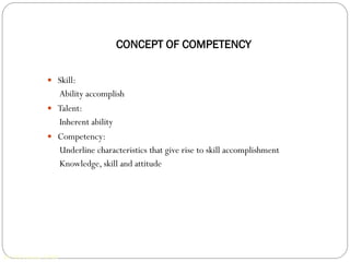 CONCEPT OF COMPETENCY

               Skill:
                Ability accomplish
               Talent:
                Inherent ability
               Competency:
                Underline characteristics that give rise to skill accomplishment
                Knowledge, skill and attitude




Dr. MG Jomon, XIMB
 