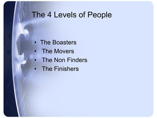 The 4 Levels of People


•   The Boasters
•   The Movers
•   The Non Finders
•   The Finishers
 