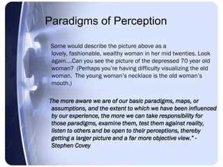 Paradigms of Perception

 Some would describe the picture above as a
 lovely, fashionable, wealthy woman in her mid twenties. Look
 again….Can you see the picture of the depressed 70 year old
 woman? (Perhaps you’re having difficulty visualizing the old
 woman. The young woman’s necklace is the old woman’s
 mouth.)

The more aware we are of our basic paradigms, maps, or
 assumptions, and the extent to which we have been influenced
 by our experience, the more we can take responsibility for
 those paradigms, examine them, test them against reality,
 listen to others and be open to their perceptions, thereby
 getting a larger picture and a far more objective view.” -
 Stephen Covey
 