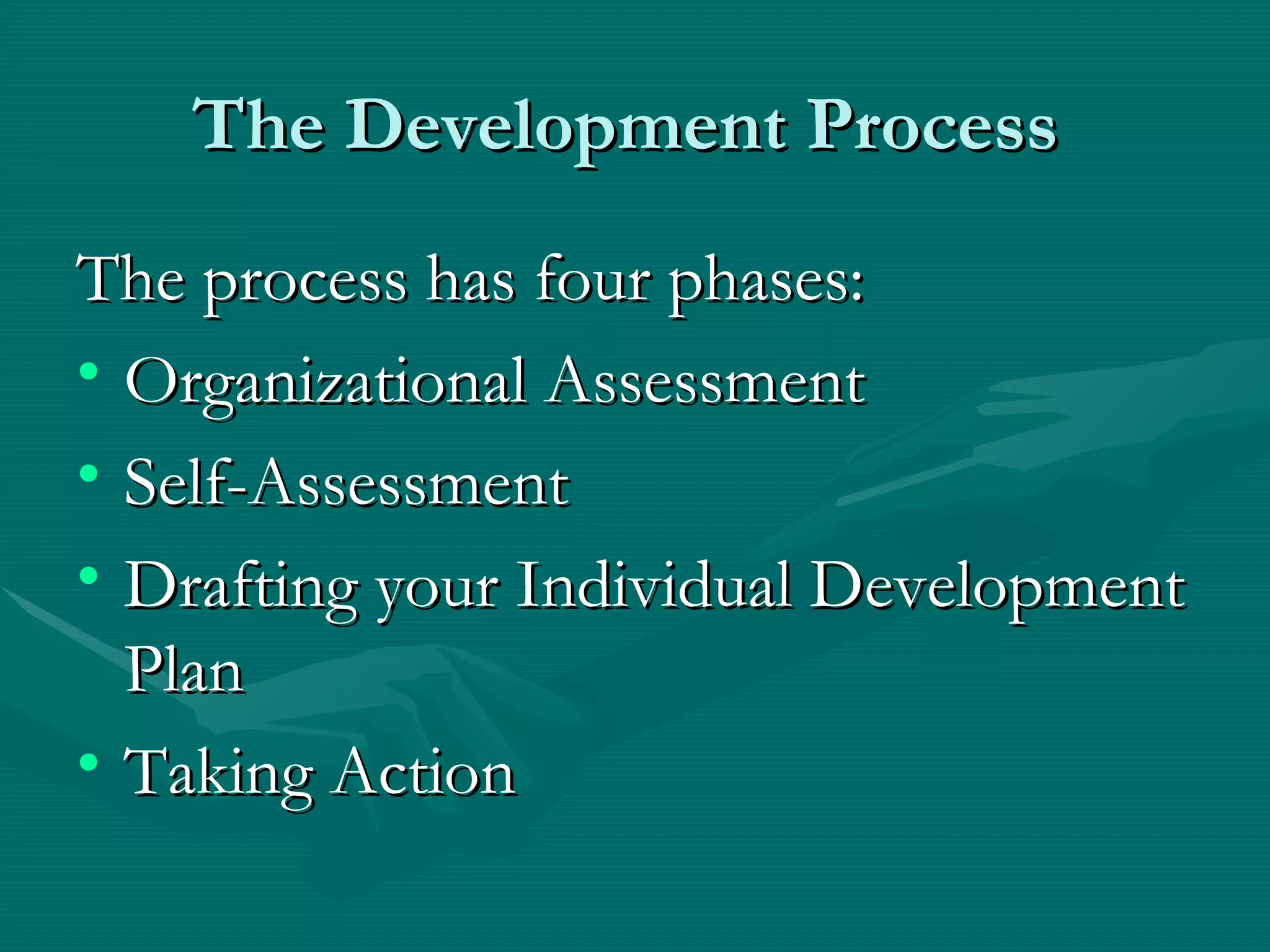 The Development Process
The process has four phases:
• Organizational Assessment
• Self-Assessment
• Drafting your Individual Development
  Plan
• Taking Action
 