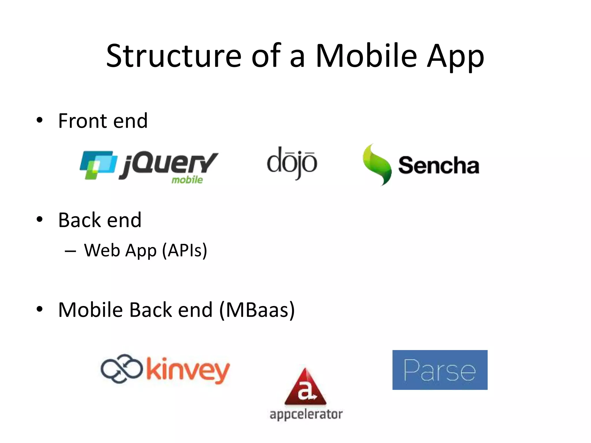 Structure of a Mobile App
• Front end
• Back end
– Web App (APIs)
• Mobile Back end (MBaas)