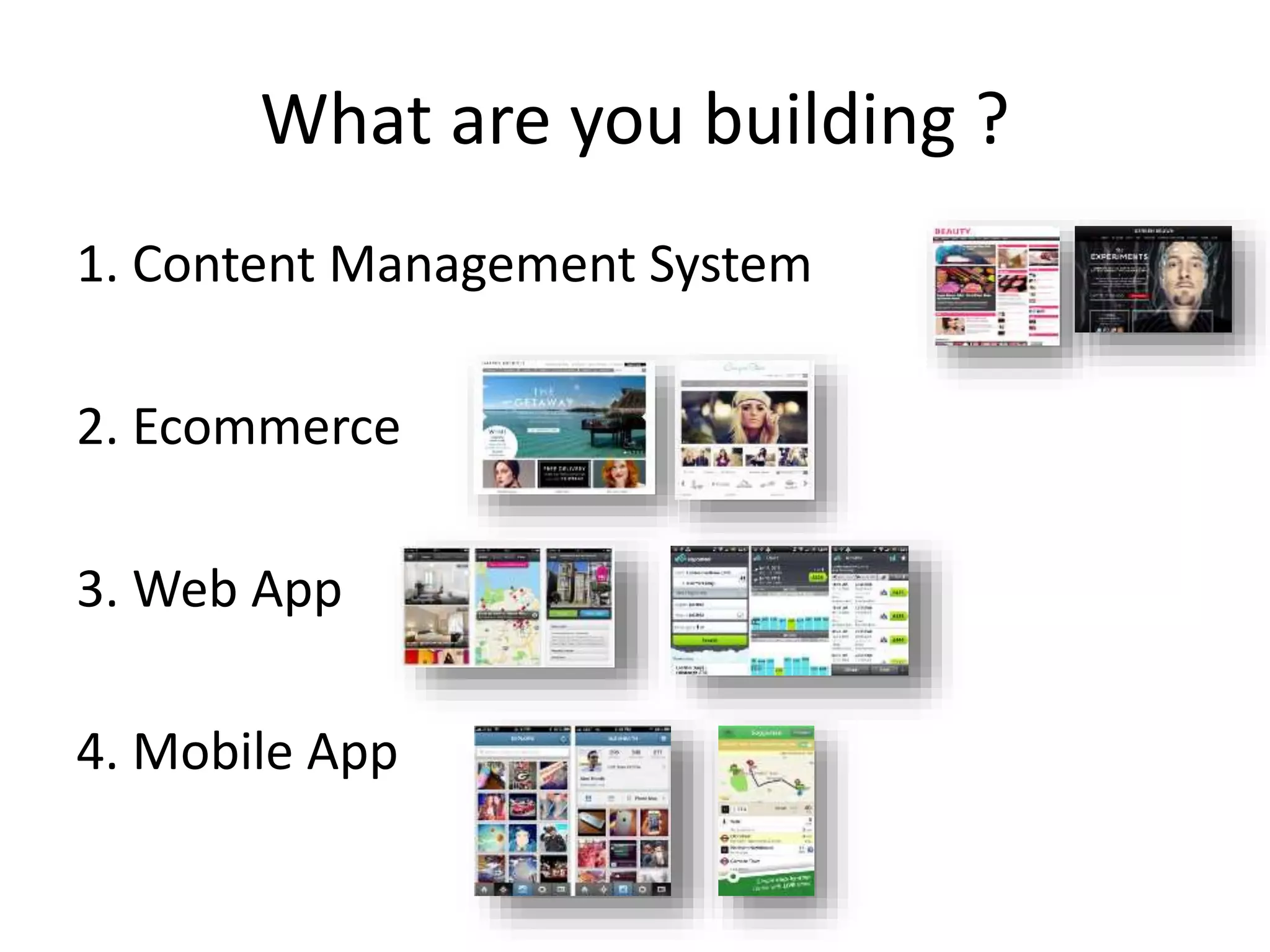 What are you building ?
1. Content Management System
2. Ecommerce
3. Web App
4. Mobile App