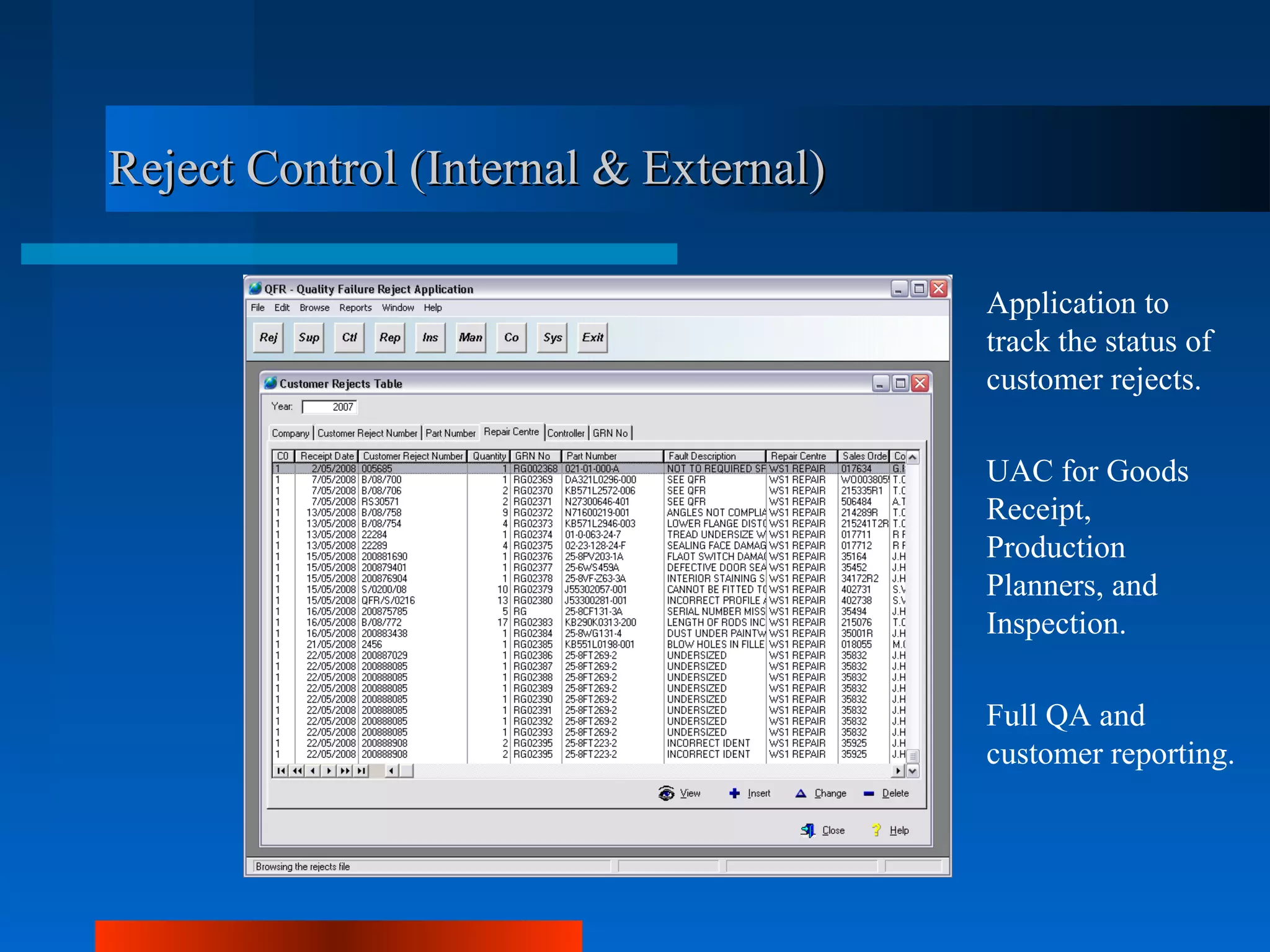 Reject Control (Internal & External)

                                       Application to
                                       track the status of
                                       customer rejects.

                                       UAC for Goods
                                       Receipt,
                                       Production
                                       Planners, and
                                       Inspection.

                                       Full QA and
                                       customer reporting.
 