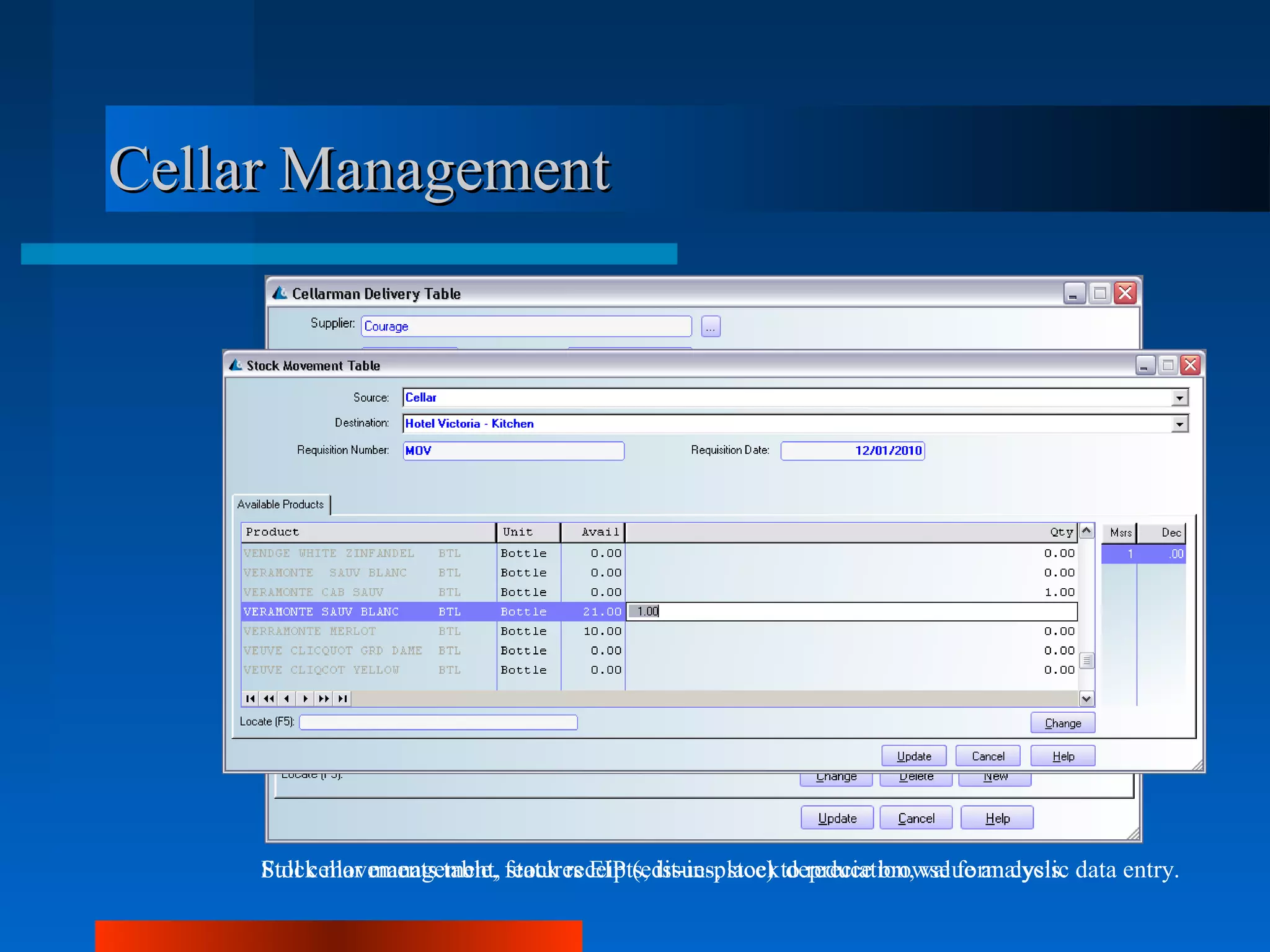 Cellar Management




     Stock movements table, stock receipts, issues, stock depreciation, value analysis.
     Full cellar management, features EIP (edit-in-place) to reduce browse form cyclic data entry.
 