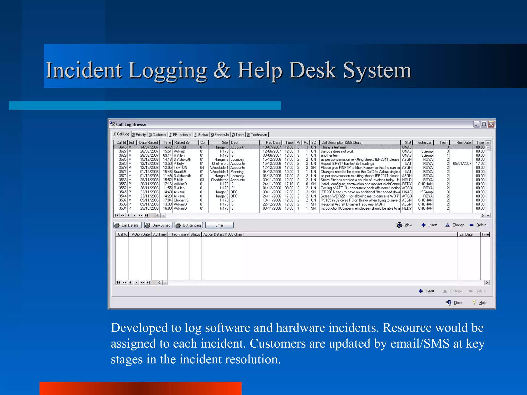 Incident Logging & Help Desk System




      Developed to log software and hardware incidents. Resource would be
      assigned to each incident. Customers are updated by email/SMS at key
      stages in the incident resolution.
 