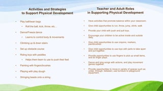 Activities and Strategies                              Teacher and Adult Roles
     to Support Physical Development                      in Supporting Physical Development

•   Play ball/bean bags                               •   Have activities that promote balance within your classroom.

     •   Roll the ball, kick, throw, etc…             •   Give child opportunities to run, throw, jump, climb, walk

                                                      •   Provide your child with push and pull toys.
•   Dance/Freeze dance
                                                      •   Encourage your children to be active inside and outside
     •   Learns to control body & movements               daily.

•   Climbing up & down stairs                         •   Give child opportunities to use crayons, markers,
                                                          paintbrushes.

•   Set up obstacle course                            •   Give child opportunities to use toys with parts to take apart
                                                          and put together.
•   Riding toys with peddles                          •   Provide opportunities to use fingers to pick up small items,
                                                          and do finger plays.
     •   Helps them learn to use to push their feet
                                                      •   Dance and sing songs with actions, and play movement
                                                          games together.
•   Painting with fingers/brushes
                                                      •   Provide opportunities to move in variety of spaces such as
•   Playing with play dough                               under, through, between; use furniture or playground
                                                          equipment.

•   Stringing beads onto a string
 