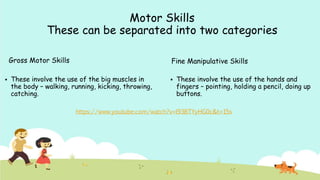 Motor Skills
These can be separated into two categories
Gross Motor Skills
 These involve the use of the big muscles in
the body – walking, running, kicking, throwing,
catching.
Fine Manipulative Skills
 These involve the use of the hands and
fingers – pointing, holding a pencil, doing up
buttons.
https://www.youtube.com/watch?v=l93BTYyHG0c&t=15s
 