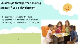 Children go through the following
stages of social development:
1) Learning to interact with others
2) Learning that they are part of a family
3) Learning to co-operate as part of a group
 