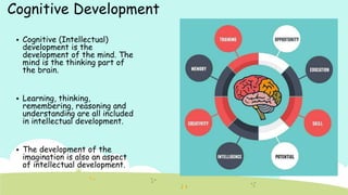 Cognitive Development
 Cognitive (Intellectual)
development is the
development of the mind. The
mind is the thinking part of
the brain.
 Learning, thinking,
remembering, reasoning and
understanding are all included
in intellectual development.
 The development of the
imagination is also an aspect
of intellectual development.
 