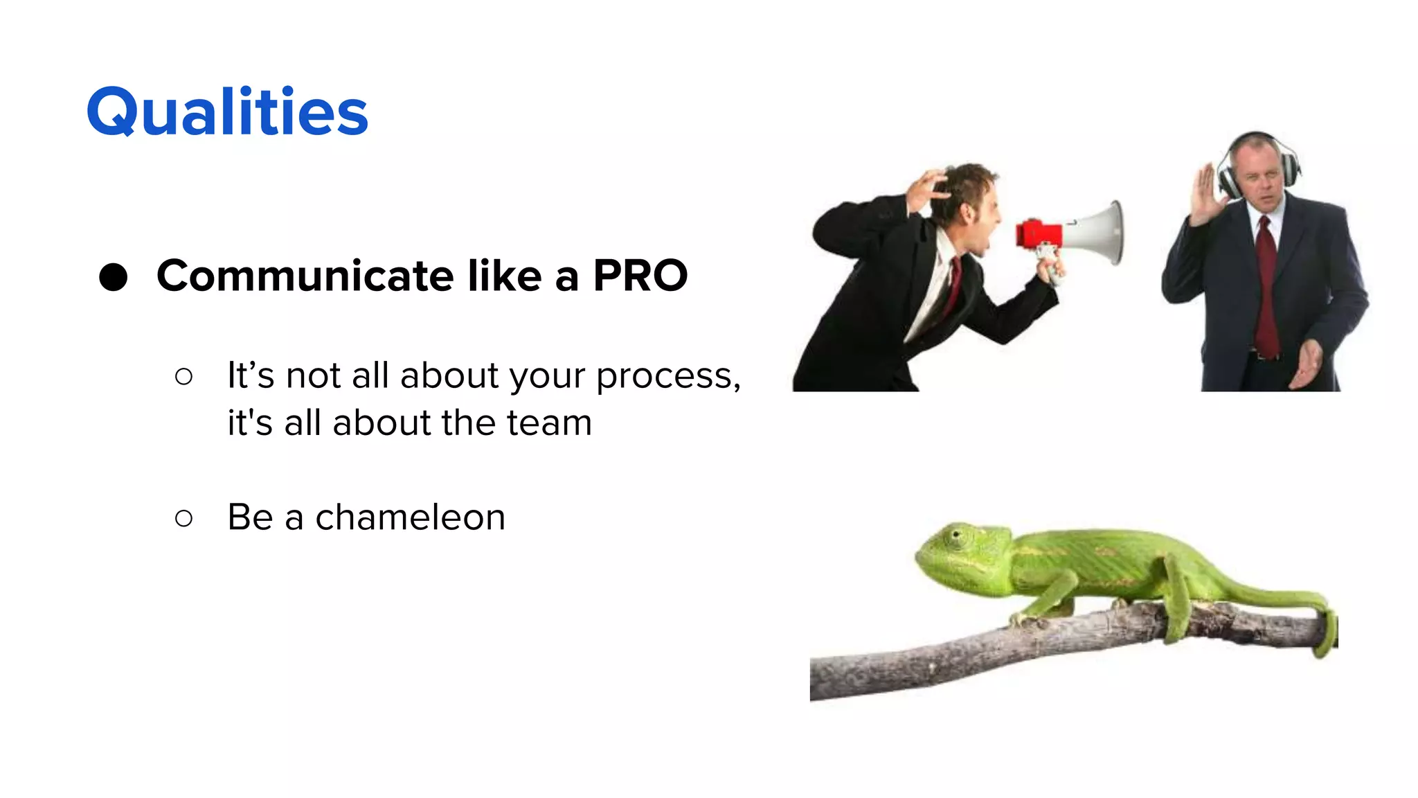 Qualities
● Communicate like a PRO
○ It’s not all about your process,
it's all about the team
○ Be a chameleon
 