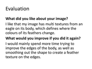 Evaluation 
What did you like about your image? 
I like that my image has multi textures from an 
eagle on its body, which defines where the 
colours of its feathers change. 
What would you improve if you did it again? 
I would mainly spend more time trying to 
improve the edges of the body, as well as 
smoothing out the shape to create a feather 
texture on the edges. 
 