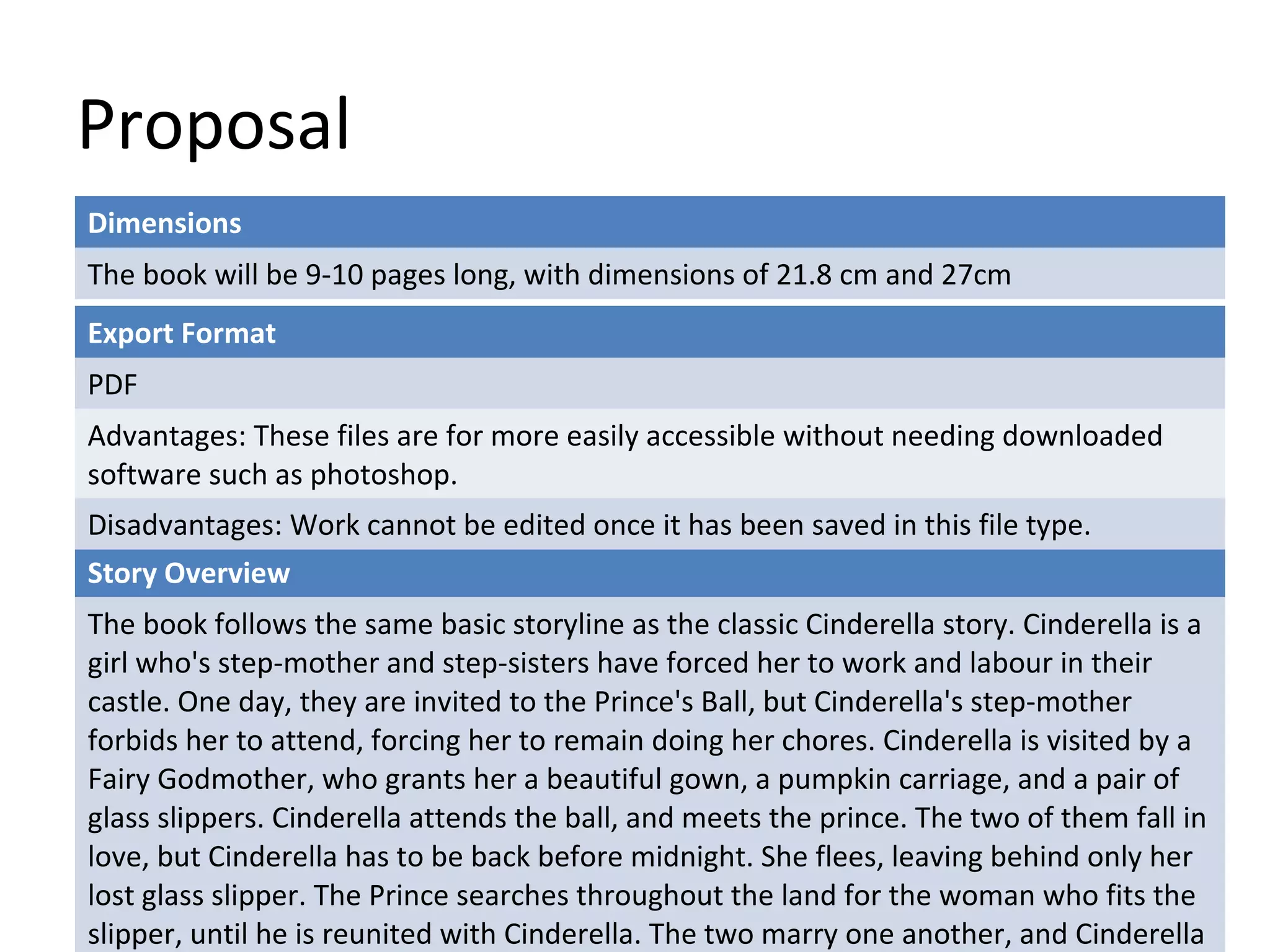 Proposal 
Dimensions 
The book will be 9-10 pages long, with dimensions of 21.8 cm and 27cm 
Export Format 
PDF 
Advantages: These files are for more easily accessible without needing downloaded 
software such as photoshop. 
Disadvantages: Work cannot be edited once it has been saved in this file type. 
Story Overview 
The book follows the same basic storyline as the classic Cinderella story. Cinderella is a 
girl who's step-mother and step-sisters have forced her to work and labour in their 
castle. One day, they are invited to the Prince's Ball, but Cinderella's step-mother 
forbids her to attend, forcing her to remain doing her chores. Cinderella is visited by a 
Fairy Godmother, who grants her a beautiful gown, a pumpkin carriage, and a pair of 
glass slippers. Cinderella attends the ball, and meets the prince. The two of them fall in 
love, but Cinderella has to be back before midnight. She flees, leaving behind only her 
lost glass slipper. The Prince searches throughout the land for the woman who fits the 
slipper, until he is reunited with Cinderella. The two marry one another, and Cinderella 
 