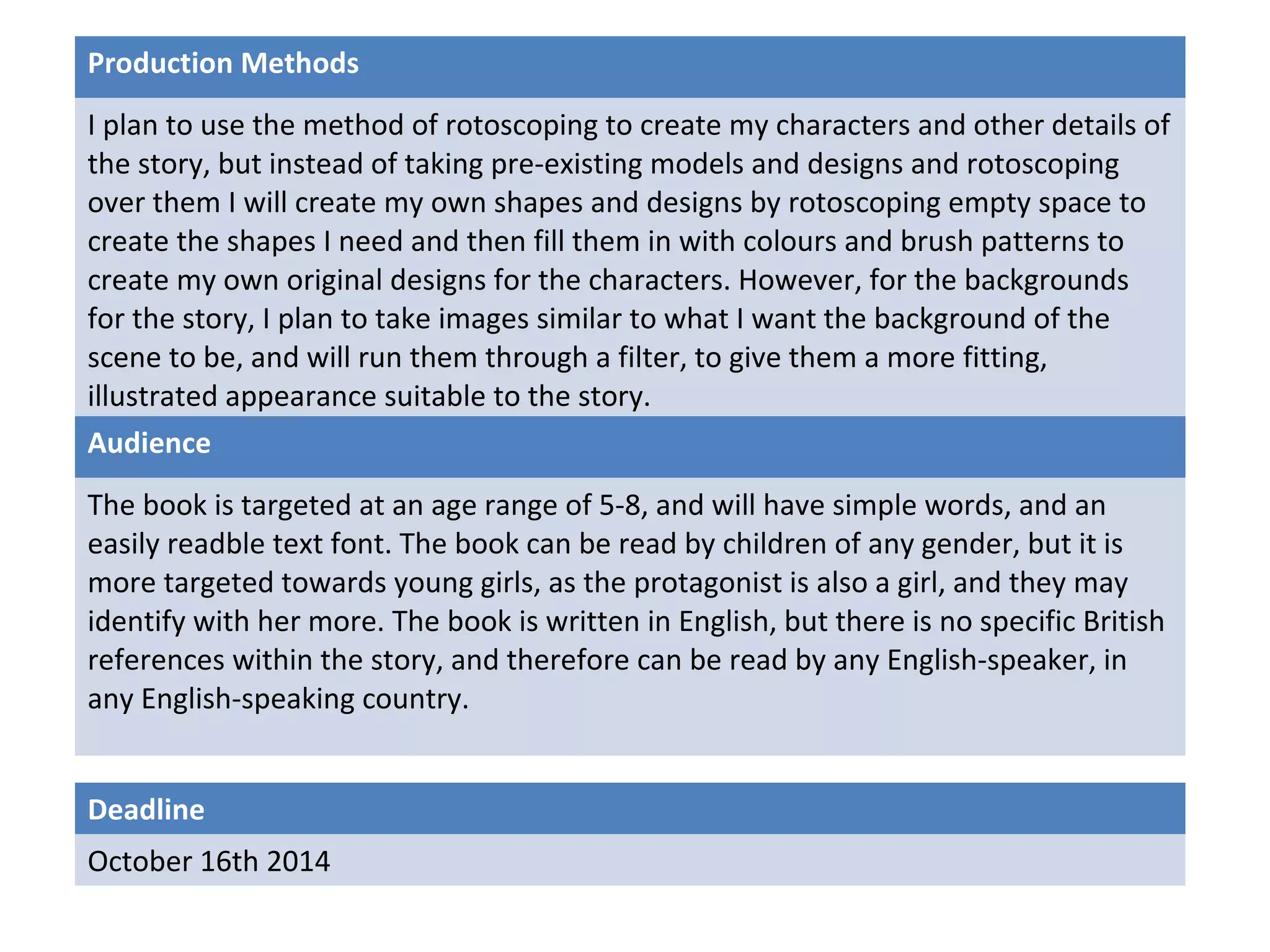 Production Methods 
I plan to use the method of rotoscoping to create my characters and other details of 
the story, but instead of taking pre-existing models and designs and rotoscoping 
over them I will create my own shapes and designs by rotoscoping empty space to 
create the shapes I need and then fill them in with colours and brush patterns to 
create my own original designs for the characters. However, for the backgrounds 
for the story, I plan to take images similar to what I want the background of the 
scene to be, and will run them through a filter, to give them a more fitting, 
illustrated appearance suitable to the story. 
Audience 
The book is targeted at an age range of 5-8, and will have simple words, and an 
easily readble text font. The book can be read by children of any gender, but it is 
more targeted towards young girls, as the protagonist is also a girl, and they may 
identify with her more. The book is written in English, but there is no specific British 
references within the story, and therefore can be read by any English-speaker, in 
any English-speaking country. 
Deadline 
October 16th 2014 
 