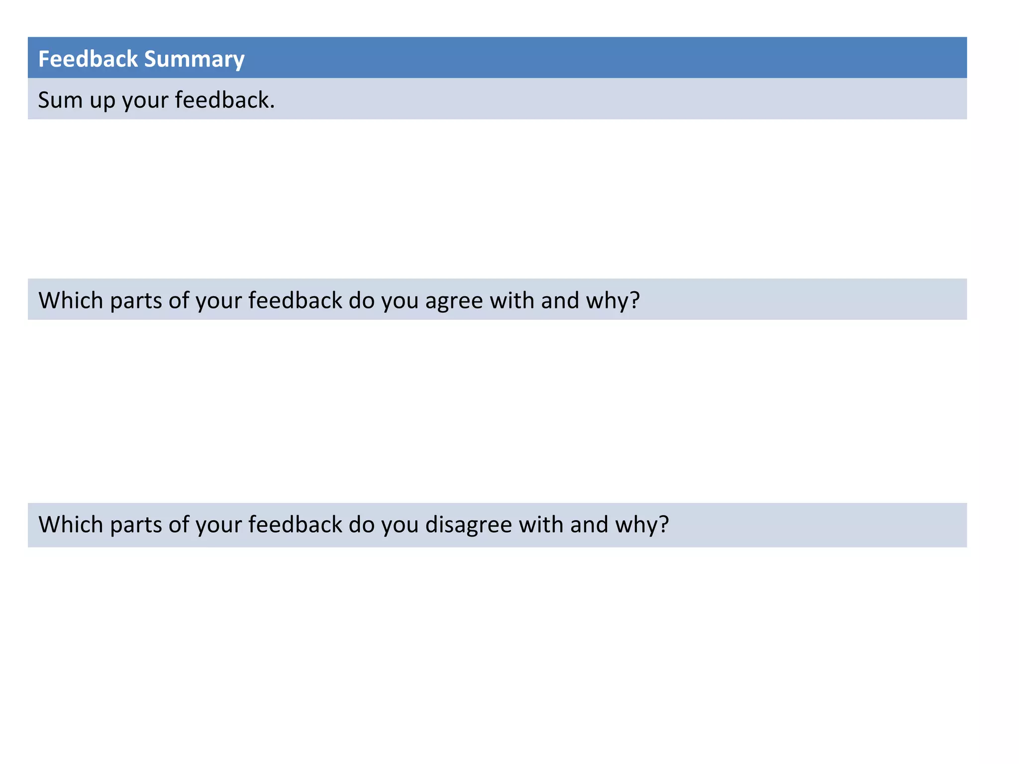 Feedback Summary 
Sum up your feedback. 
Which parts of your feedback do you agree with and why? 
Which parts of your feedback do you disagree with and why? 
 