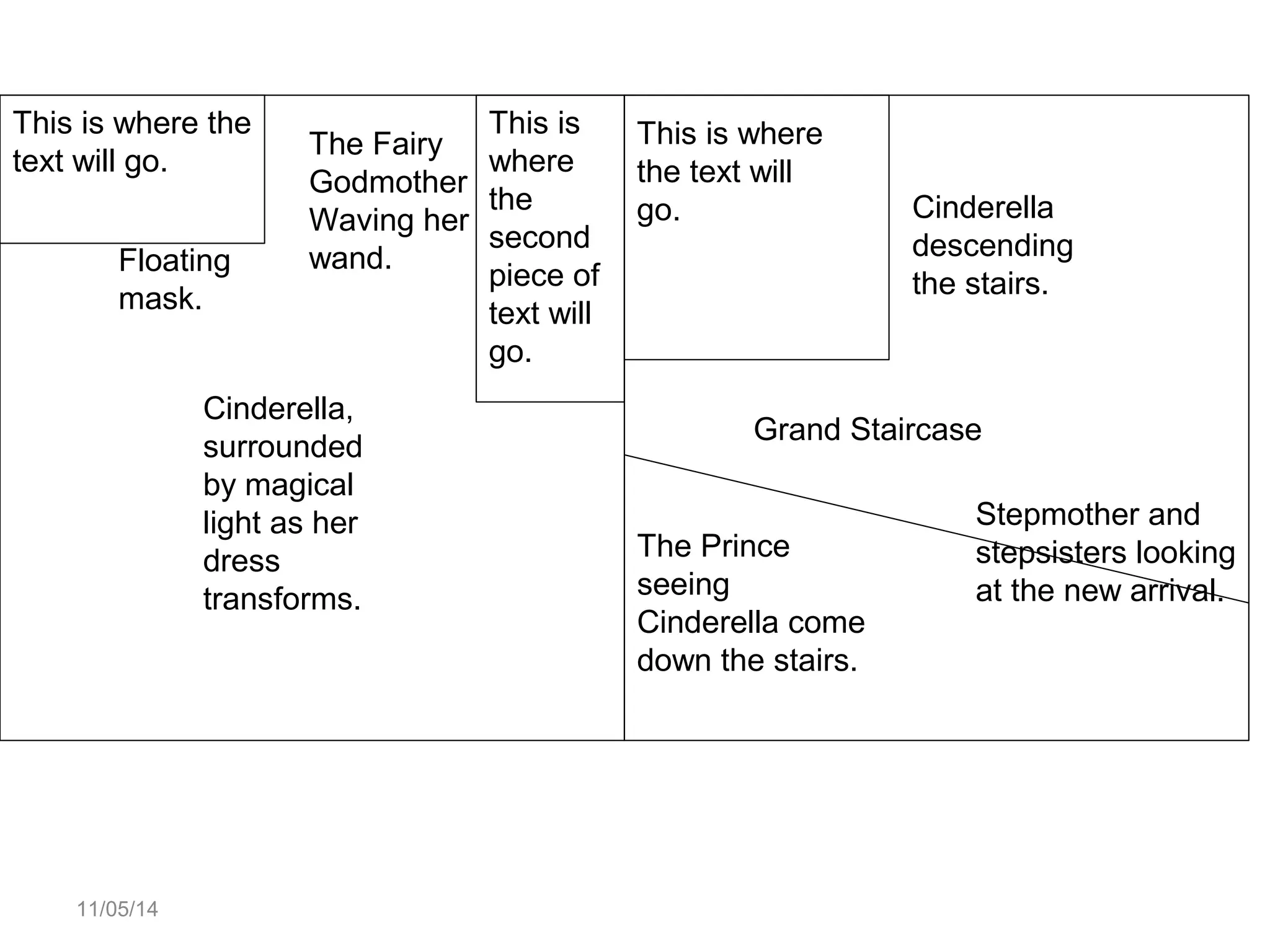 This is where the 
text will go. 
Floating wand. 
mask. 
11/05/14 
The Fairy 
Godmother 
Waving her 
Cinderella, 
surrounded 
by magical 
light as her 
dress 
transforms. 
This is 
where 
the 
second 
piece of 
text will 
go. 
Cinderella 
descending 
the stairs. 
This is where 
the text will 
go. 
Grand Staircase 
Stepmother and 
stepsisters looking 
at the new arrival. 
The Prince 
seeing 
Cinderella come 
down the stairs. 
 