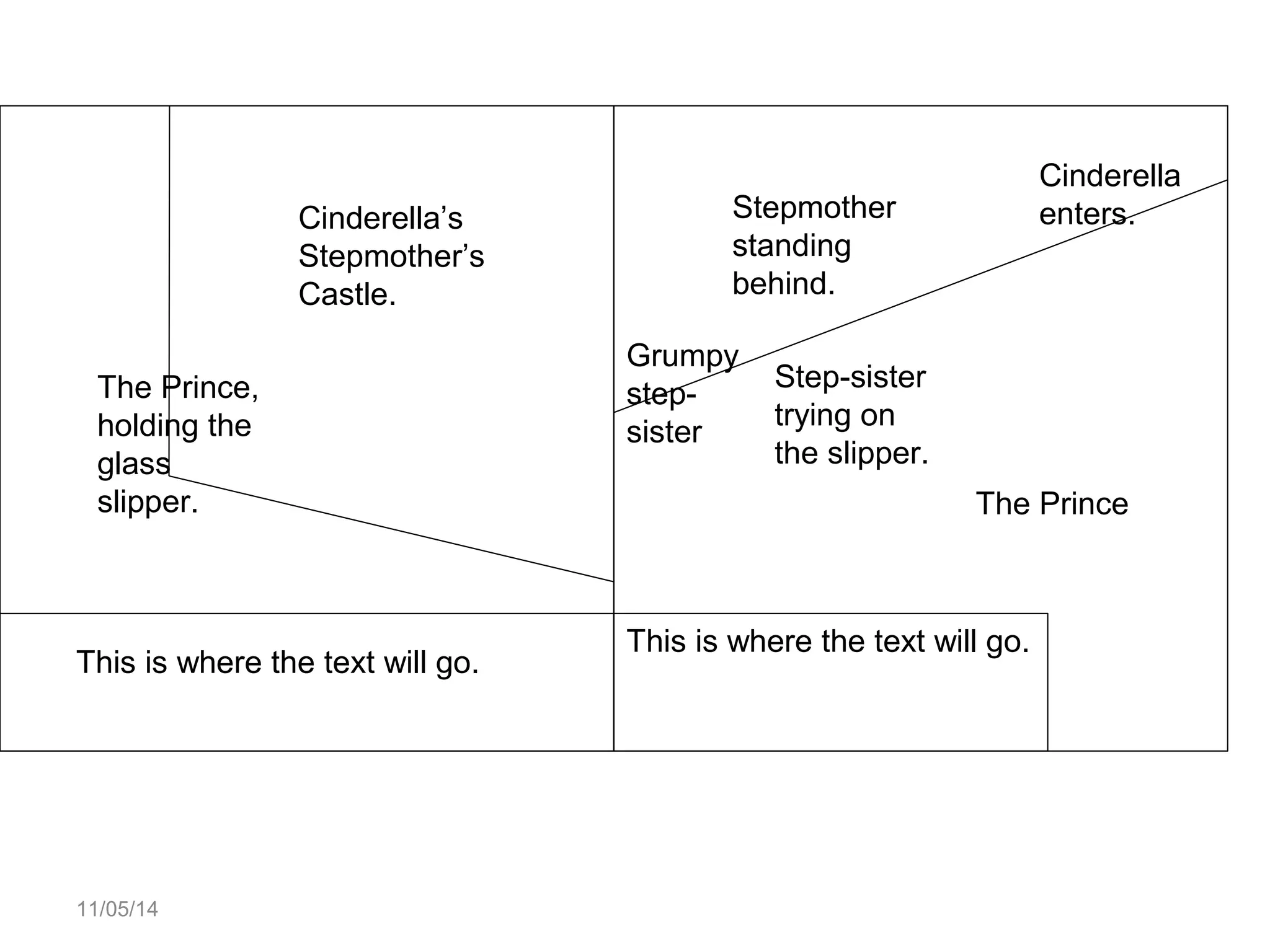 11/05/14 
Cinderella’s 
Stepmother’s 
Castle. 
The Prince, 
holding the 
glass 
slipper. 
This is where the text will go. 
The Prince 
Stepmother 
standing 
behind. 
Step-sister 
trying on 
the slipper. 
Grumpy 
step-sister 
Cinderella 
enters. 
This is where the text will go. 
 