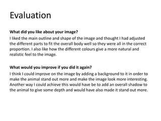 Evaluation
What did you like about your image?
I liked the main outline and shape of the image and thought I had adjusted
the different parts to fit the overall body well so they were all in the correct
proportion. I also like how the different colours give a more natural and
realistic feel to the image.
What would you improve if you did it again?
I think I could improve on the image by adding a background to it in order to
make the animal stand out more and make the image look more interesting.
Another way I could achieve this would have be to add an overall shadow to
the animal to give some depth and would have also made it stand out more.
 