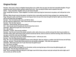 Original Script
Narrator: Once upon a time in a kingdom faraway there was a miller who was poor, but who had a beautiful daughter. The girl
worked too hard, and her father wanted a better life for her, Then one day her father went to speak to the king.
Father: I have a beautiful daughter who can spin straw into gold.
King: I would like to see her. If your daughter is as clever as you say, bring her tomorrow to my palace, and I will put her to the
test.
Narrator: When the girl came to the palace, he took her into a room which was full of straw and gave her a spinning-wheel.
King: Now get to work, and if by tomorrow morning you have not spun this straw into gold during the night, you and your father
will be sent away from my kingdom.
Narrator: Then he locked up the room, and left her alone.
Girl: Oh, what am I going to do? I don`t how straw can be spun into gold
Narrator: Then the door opened.
Little Man: Good evening, why are you crying ?
Girl: I have to spin straw into gold, and I do not know how to do it.
Little Man: What will you give me if I do it for you?
Girl: My necklace.
Little Man: I accept. Give me your necklace.
Narrator: Then he sat in front of the wheel, and whirr, whirr, whirr, three turns, and the reel was full, then he put another on,
and whirr, whirr, whirr, three times round, and the second was full too. And so it went on until the morning, when all the straw
was spun, and all the reels were full of gold.
Little Man: I have to go now since I already finished my work. I will see you soon.
Narrator: Then the King entered the room.
King: Oh! I am so surprised and delighted of your work, little girl! Now you will go to another room full of straw and will keep
spinning. Narrator: The girl didn't know what to do, and started crying again. Then little man appeared.
Little Man: What will you give me if I spin that straw into gold for you?
Girl: The ring on my finger.
Little Man: I accept, give me your ring.
Narrator: Again the little man began to turn the wheel, and by morning had spun all the straw into glittering gold, and
disappeared. Then the King entered the room.
King: This is marvelous! Now you will go to a still larger room full of straw, and you must spin and spin the entire night, and if
you succeed, you will be my wife.
 