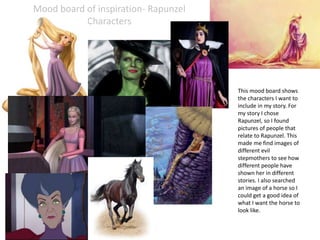 Mood board of inspiration- Rapunzel
Characters
This mood board shows
the characters I want to
include in my story. For
my story I chose
Rapunzel, so I found
pictures of people that
relate to Rapunzel. This
made me find images of
different evil
stepmothers to see how
different people have
shown her in different
stories. I also searched
an image of a horse so I
could get a good idea of
what I want the horse to
look like.
 