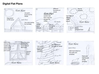 Digital Flat Plans
Keep detail
on the wood
Use paint
brush tool for
clouds
Use roterscoping
for the birds
Hand draw the
market stall
then copy but
change the
colour
Jack and
the market
man go
here
Different
formation of
clouds
Each
market
stand
different
Stormy
weather
Use edge of
already
made
house
Make
ploughed field
Keep the same
detail on the
wood around
the frame
Make holes
and rips in
curtains for
added detail
and to show
jack is poor
Lopsided
picture
frame
Use shading on
the stalk for detailUse same
clouds but
different
positions Add more detail on
the walls and
windows
Have jack
looking out
of the
window
 