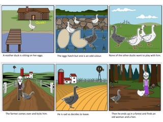A mother duck is sitting on her eggs. The eggs hatch but one is an odd colour. None of the other ducks want to play with him.
The farmer comes over and kicks him. He is sad so decides to leave. Then he ends up in a forest and finds an
old woman and a hen.
Quak!
 