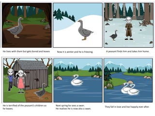 He lives with them but gets bored and leaves Now it is winter and he is freezing. A peasant finds him and takes him home.
He is terrified of the peasant’s children so
he leaves.
Next spring he sees a swan.
He realises he is now also a swan.
They fall in love and live happily ever after.
 