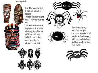 Young Girl
For the young girl,
I will be using a
tribal
mask to represent
her. I have decided
to
do this because I
believe it is easily
distinguishable as
African culture
which the child
may not have
discovered yet
For the spider, I
will use simple
cartoon versions of
spiders. No images
will be to detailed
as this might scare
the child
 