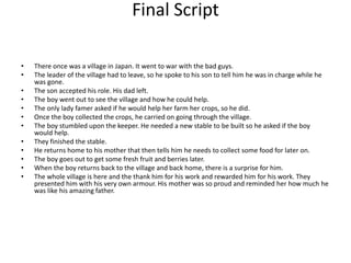 Final Script
• There once was a village in Japan. It went to war with the bad guys.
• The leader of the village had to leave, so he spoke to his son to tell him he was in charge while he
was gone.
• The son accepted his role. His dad left.
• The boy went out to see the village and how he could help.
• The only lady famer asked if he would help her farm her crops, so he did.
• Once the boy collected the crops, he carried on going through the village.
• The boy stumbled upon the keeper. He needed a new stable to be built so he asked if the boy
would help.
• They finished the stable.
• He returns home to his mother that then tells him he needs to collect some food for later on.
• The boy goes out to get some fresh fruit and berries later.
• When the boy returns back to the village and back home, there is a surprise for him.
• The whole village is here and the thank him for his work and rewarded him for his work. They
presented him with his very own armour. His mother was so proud and reminded her how much he
was like his amazing father.
 