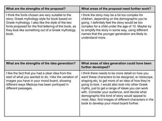 What are the strengths of the proposal? What areas of the proposal need further work?
I think the fonts chosen are very suitable to the
story; Greek mythology style for book based on
Greek mythology. I also like the style of the two
fonts proposed for the first lettering of the book, as
they look like something out of a Greek mythology
book.
I think the story may be a bit too complex for
children, depending on the demographic you’re
going. I definitely feel the story would be too
complex for a child under the age of 10. Maybe try
to simplify the story in some way, using different
names that the younger generation are likely to
understand more.
What are the strengths of the idea generation? What areas of idea generation could have been
further developed?
I like the fact that you had a clear idea from the
start of what you wanted to do. I like the variation of
images you have in your mood board, showing
different ways Medusa has been portrayed in
different passages.
I think there needs to be more detail on how you
want these characters to be designed, ie rotoscope,
shaping etc, to get more of an idea of how they’re
going to look. I would also look into other Greek
myths, just to get a range of ideas you can work
with. Consider your audience, and decide what
demographic this kind of story would appeal to
most. Also, find images of different characters in the
book to develop your mood board further.
 