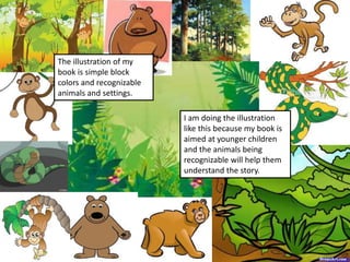Mood board of chosen idea
The illustration of my
book is simple block
colors and recognizable
animals and settings.
I am doing the illustration
like this because my book is
aimed at younger children
and the animals being
recognizable will help them
understand the story.
 