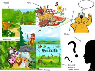 Adventure
Woods
Animals
Centered
around a
certain animal
Mystery
Picnic
 