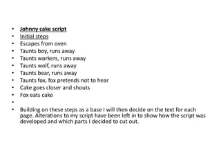 • Johnny cake script
• Initial steps
• Escapes from oven
• Taunts boy, runs away
• Taunts workers, runs away
• Taunts wolf, runs away
• Taunts bear, runs away
• Taunts fox, fox pretends not to hear
• Cake goes closer and shouts
• Fox eats cake
•
• Building on these steps as a base I will then decide on the text for each
page. Alterations to my script have been left in to show how the script was
developed and which parts I decided to cut out.
 