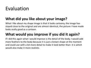 Evaluation
What did you like about your image?
What I like about my shape image is that it looks cartoony, the image has
stayed close to the original and are almost identical, the picture I have made
looks really good as a cartoon.
What would you improve if you did it again?
If I did this again what I would improve is the detail of the body. I would add
more feathers to the body because it is just a brown shape at the moment
and could use with a bit more detail to make it look better than- it is which
would also make it more realistic.
 