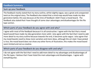 Feedback Summary
Sum up your feedback.
The feedback mostly stated that my story outline, whilst slightly vague, was a great and unexpected
twist on the original story. The feedback also stated that a mind map would have made my idea
generation better, this was because at the time of feedback I didn’t have a mood board. The
feedback also stated that I have thought of some clear advantages and disadvantages for the file
type section.
Which parts of your feedback do you agree with and why?
I agree with most of the feedback because it is all constructive. I agree with the fact that a mood
board would have made my idea generation more solid. I also agree with the fact that I need to add
more detail to my story outline because towards the end, it becomes quite vague. I also agree that
my mood boards need to show more variation and more ideas, although the art style I have picked
is nice, the mood board does not show any other forms of illustration, this makes the mood board
seem limited and not as creative.
Which parts of your feedback do you disagree with and why?
I do not agree with the fact that I need to add more detail to my advantages and disadvantages of
the file types. I believe that I have listed the main advantages and disadvantages. I agree with
everything else.
 