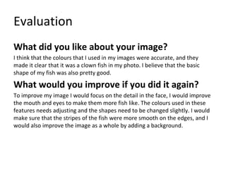 Evaluation
What did you like about your image?
I think that the colours that I used in my images were accurate, and they
made it clear that it was a clown fish in my photo. I believe that the basic
shape of my fish was also pretty good.
What would you improve if you did it again?
To improve my image I would focus on the detail in the face, I would improve
the mouth and eyes to make them more fish like. The colours used in these
features needs adjusting and the shapes need to be changed slightly. I would
make sure that the stripes of the fish were more smooth on the edges, and I
would also improve the image as a whole by adding a background.
 