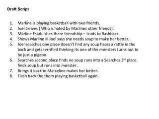 Draft Script
1. Marline is playing basketball with two friends.
2. Joel arrives ( Who is hated by Marlines other friends).
3. Marline Establishes there friendship – leads to flashback.
4. Shows Marline ill Joel says she needs soup to make her better.
5. Joel searches one place doesn't find any soup hears a rattle in the
back and gets terrified thinking its one of the monsters turns out to
be just a pigeon.
6. Searches second place finds no soup runs into a Searches 3rd place.
finds soup but runs into monster .
7. Brings it back to Marceline makes her better.
8. Flash back the them playing basketball again .
 