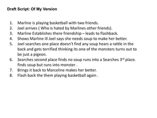 Draft Script: Of My Version
1. Marline is playing basketball with two friends.
2. Joel arrives ( Who is hated by Marlines other friends).
3. Marline Establishes there friendship – leads to flashback.
4. Shows Marline ill Joel says she needs soup to make her better.
5. Joel searches one place doesn't find any soup hears a rattle in the
back and gets terrified thinking its one of the monsters turns out to
be just a pigeon.
6. Searches second place finds no soup runs into a Searches 3rd place.
finds soup but runs into monster .
7. Brings it back to Marceline makes her better.
8. Flash back the them playing basketball again .
 