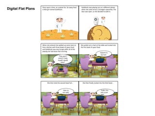 Digital Flat Plans
Once upon a time, on a planet far, far away lived
a little girl named Goldilocks.
Goldilocks was playing out on a different planet,
when she came across a strangers spaceship. The
door was open, so she decided to walk in.
When she entered she walked up some stairs to
find a kitchen with three bowls of space food,
and Goldilocks was very hungry after all of the
playing she had done that morning.
‘They won’t
mind if I help
myself, would
they?’
She pulled out a chair at the table and tucked into
the first bowl of space food.
‘OUCH! It’s
too hot!’
‘EW! It’s
too salty’
She then tried the second bowl full…
‘YUM! This
one is just
right’
She then finally tucked into the third bowl…
 