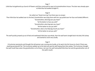 Page 7
Little blue hat gathered up a bunch of flowers and then continued his way to his grandmothers house. The door was already open
so little blue hat walked straight in.
Page 8
He called out “Good morning” but there was no answer.
Then little blue hat walked over to the bed, Grandmother was lying there with her cap pulled over her face and looked different.
“Grandmother, what big ears you have!”
“all the better to hear you with”
“Grandmother, what big eyes you have!”
“All the better to see you with”
“Grandmother, what a horribly big mouth you have!”
“all the better to eat you with”
The wolf quickly jumped up out of bed and swallowed little blue cap whole, then the wolf went straight back into bed, fell asleep
and started to snore very loudly.
Page 9
A huntsman passing by and thought the old women was snoring very loudly, so he went into the house to check if there was
anything wrong with her. The huntsman walked up to the bed and saw the wolf laying there fast asleep. The huntsman thought
the wolf could have eaten the grandmother so he threw a net over the wolf and pulled little blue hat and the grandmother out of
the wolfs mouth.
 