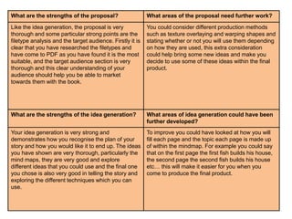 What are the strengths of the proposal? What areas of the proposal need further work?
Like the idea generation, the proposal is very
thorough and some particular strong points are the
filetype analysis and the target audience. Firstly it is
clear that you have researched the filetypes and
have come to PDF as you have found it is the most
suitable, and the target audience section is very
thorough and this clear understanding of your
audience should help you be able to market
towards them with the book.
You could consider different production methods
such as texture overlaying and warping shapes and
stating whether or not you will use them depending
on how they are used, this extra consideration
could help bring some new ideas and make you
decide to use some of these ideas within the final
product.
What are the strengths of the idea generation? What areas of idea generation could have been
further developed?
Your idea generation is very strong and
demonstrates how you recognise the plan of your
story and how you would like it to end up. The ideas
you have shown are very thorough, particularly the
mind maps, they are very good and explore
different ideas that you could use and the final one
you chose is also very good in telling the story and
exploring the different techniques which you can
use.
To improve you could have looked at how you will
fill each page and the topic each page is made up
of within the mindmap. For example you could say
that on the first page the first fish builds his house,
the second page the second fish builds his house
etc… this will make it easier for you when you
come to produce the final product.
 