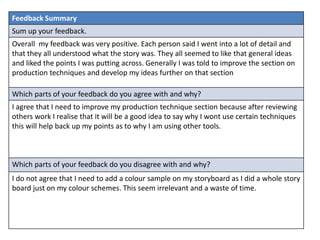 Feedback Summary
Sum up your feedback.
Overall my feedback was very positive. Each person said I went into a lot of detail and
that they all understood what the story was. They all seemed to like that general ideas
and liked the points I was putting across. Generally I was told to improve the section on
production techniques and develop my ideas further on that section
Which parts of your feedback do you agree with and why?
I agree that I need to improve my production technique section because after reviewing
others work I realise that it will be a good idea to say why I wont use certain techniques
this will help back up my points as to why I am using other tools.
Which parts of your feedback do you disagree with and why?
I do not agree that I need to add a colour sample on my storyboard as I did a whole story
board just on my colour schemes. This seem irrelevant and a waste of time.
 