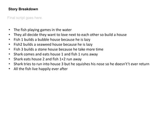 Story Breakdown
Final script goes here.
• The fish playing games in the water
• They all decide they want to love next to each other so build a house
• Fish 1 builds a bubble house because he is lazy
• Fish2 builds a seaweed house because he is lazy
• Fish 3 builds a stone house because he take more time
• Shark comes and eats house 1 and fish 1 runs away
• Shark eats house 2 and fish 1+2 run away
• Shark tries to run into house 3 but he squishes his nose so he doesn't’t ever return
• All the fish live happily ever after
 