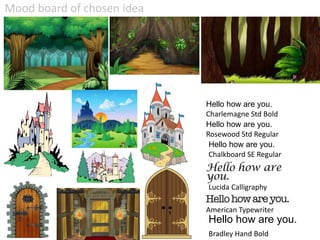 Mood board of chosen idea
American Typewriter
Lucida Calligraphy
Hello how are you.
Bradley Hand Bold
Hello how are you.
Chalkboard SE Regular
Hello how are you.
Hello how are you.
Rosewood Std Regular
Charlemagne Std Bold
 