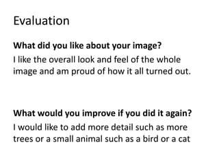 Evaluation
What did you like about your image?
I like the overall look and feel of the whole
image and am proud of how it all turned out.
What would you improve if you did it again?
I would like to add more detail such as more
trees or a small animal such as a bird or a cat
 