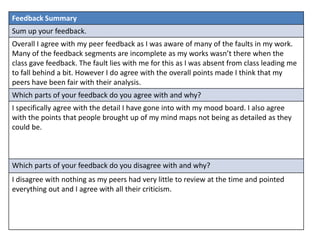 Feedback Summary
Sum up your feedback.
Overall I agree with my peer feedback as I was aware of many of the faults in my work.
Many of the feedback segments are incomplete as my works wasn’t there when the
class gave feedback. The fault lies with me for this as I was absent from class leading me
to fall behind a bit. However I do agree with the overall points made I think that my
peers have been fair with their analysis.
Which parts of your feedback do you agree with and why?
I specifically agree with the detail I have gone into with my mood board. I also agree
with the points that people brought up of my mind maps not being as detailed as they
could be.
Which parts of your feedback do you disagree with and why?
I disagree with nothing as my peers had very little to review at the time and pointed
everything out and I agree with all their criticism.
 