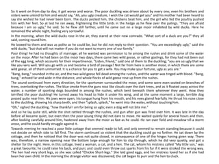 So it went on from day to day; it got worse and worse. The poor duckling was driven about by every one; even his brothers and
sisters were unkind to him and would say, "Ah, you ugly creature, I wish the cat would get you" and his mother had been heard to
say she wished he had never been born. The ducks pecked him, the chickens beat him, and the girl who fed the poultry pushed
him with her feet. So at last he ran away, frightening the little birds in the hedge as he flew over the palings. "They are afraid
because I am so ugly," he said. So he flew still farther, until he came out on a large moor inhabited by wild ducks. Here he
remained the whole night, feeling very sorrowful.
In the morning, when the wild ducks rose in the air, they stared at their new comrade. "What sort of a duck are you?" they all
said, coming round him.
He bowed to them and was as polite as he could be, but he did not reply to their question. "You are exceedingly ugly," said the
wild ducks; "but that will not matter if you do not want to marry one of our family."
Poor thing! he had no thoughts of marriage; all he wanted was permission to lie among the rushes and drink some of the water
on the moor. After he had been on the moor two days, there came two wild geese, or rather goslings, for they had not been out
of the egg long, which accounts for their impertinence. "Listen, friend," said one of them to the duckling; "you are so ugly that we
like you very well. Will you go with us and become a bird of passage? Not far from here is another moor, in which there are some
wild geese, all of them unmarried. It is a chance for you to get a wife. You may make your fortune, ugly as you are."
"Bang, bang," sounded in the air, and the two wild geese fell dead among the rushes, and the water was tinged with blood. "Bang,
bang," echoed far and wide in the distance, and whole flocks of wild geese rose up from the rushes.
The sound continued from every direction, for the sportsmen surrounded the moor, and some were even seated on branches of
trees, overlooking the rushes. The blue smoke from the guns rose like clouds over the dark trees, and as it floated away across the
water, a number of sporting dogs bounded in among the rushes, which bent beneath them wherever they went. How they
terrified the poor duckling! He turned away his head to hide it under his wing, and at the same moment a large, terrible dog
passed quite near him. His jaws were open, his tongue hung from his mouth, and his eyes glared fearfully. He thrust his nose close
to the duckling, showing his sharp teeth, and then "splash, splash," he went into the water, without touching him.
"Oh," sighed the duckling, "how thankful I am for being so ugly; even a dog will not bite me."
And so he lay quite still, while the shot rattled through the rushes, and gun after gun was fired over him. It was late in the day
before all became quiet, but even then the poor young thing did not dare to move. He waited quietly for several hours and then,
after looking carefully around him, hastened away from the moor as fast as he could. He ran over field and meadow till a storm
arose, and he could hardly struggle against it.
Towards evening he reached a poor little cottage that seemed ready to fall, and only seemed to remain standing because it could
not decide on which side to fall first. The storm continued so violent that the duckling could go no farther. He sat down by the
cottage, and then he noticed that the door was not quite closed, in consequence of one of the hinges having given way. There
was, therefore, a narrow opening near the bottom large enough for him to slip through, which he did very quietly, and got a
shelter for the night. Here, in this cottage, lived a woman, a cat, and a hen. The cat, whom his mistress called "My little son," was
a great favourite; he could raise his back, and purr, and could even throw out sparks from his fur if it were stroked the wrong way.
The hen had very short legs, so she was called "Chickie Short-legs." She laid good eggs, and her mistress loved her as if she had
been her own child. In the morning the strange visitor was discovered; the cat began to purr and the hen to cluck.
 
