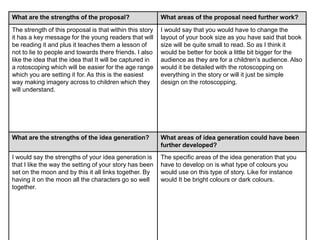 What are the strengths of the proposal? What areas of the proposal need further work?
The strength of this proposal is that within this story
it has a key message for the young readers that will
be reading it and plus it teaches them a lesson of
not to lie to people and towards there friends. I also
like the idea that the idea that It will be captured in
a rotoscoping which will be easier for the age range
which you are setting it for. As this is the easiest
way making imagery across to children which they
will understand.
I would say that you would have to change the
layout of your book size as you have said that book
size will be quite small to read. So as I think it
would be better for book a little bit bigger for the
audience as they are for a children’s audience. Also
would it be detailed with the rotoscopping on
everything in the story or will it just be simple
design on the rotoscopping.
What are the strengths of the idea generation? What areas of idea generation could have been
further developed?
I would say the strengths of your idea generation is
that I like the way the setting of your story has been
set on the moon and by this it all links together. By
having it on the moon all the characters go so well
together.
The specific areas of the idea generation that you
have to develop on is what type of colours you
would use on this type of story. Like for instance
would It be bright colours or dark colours.
 