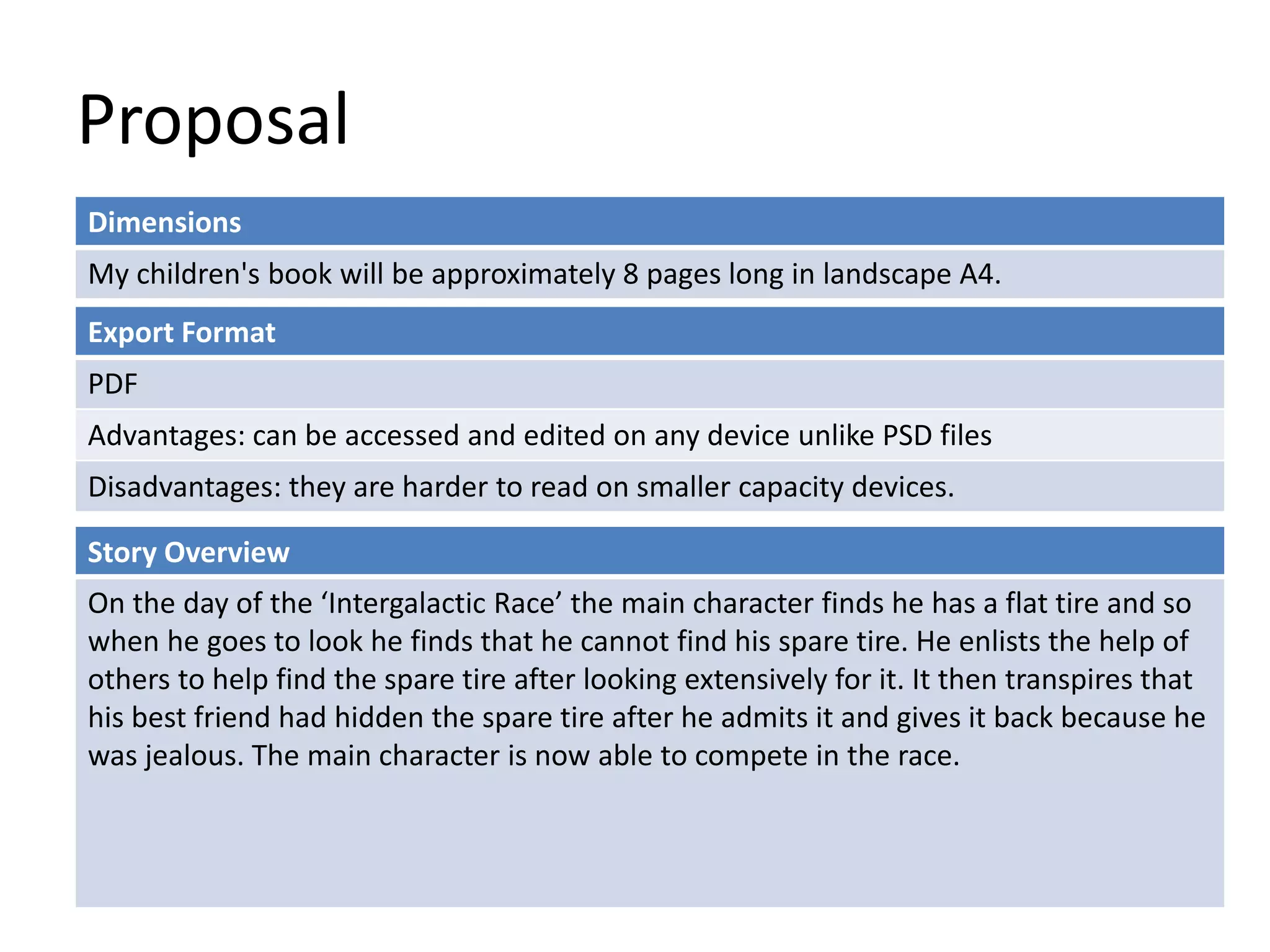 Proposal
Dimensions
My children's book will be approximately 8 pages long in landscape A4.
Story Overview
On the day of the ‘Intergalactic Race’ the main character finds he has a flat tire and so
when he goes to look he finds that he cannot find his spare tire. He enlists the help of
others to help find the spare tire after looking extensively for it. It then transpires that
his best friend had hidden the spare tire after he admits it and gives it back because he
was jealous. The main character is now able to compete in the race.
Export Format
PDF
Advantages: can be accessed and edited on any device unlike PSD files
Disadvantages: they are harder to read on smaller capacity devices.
 